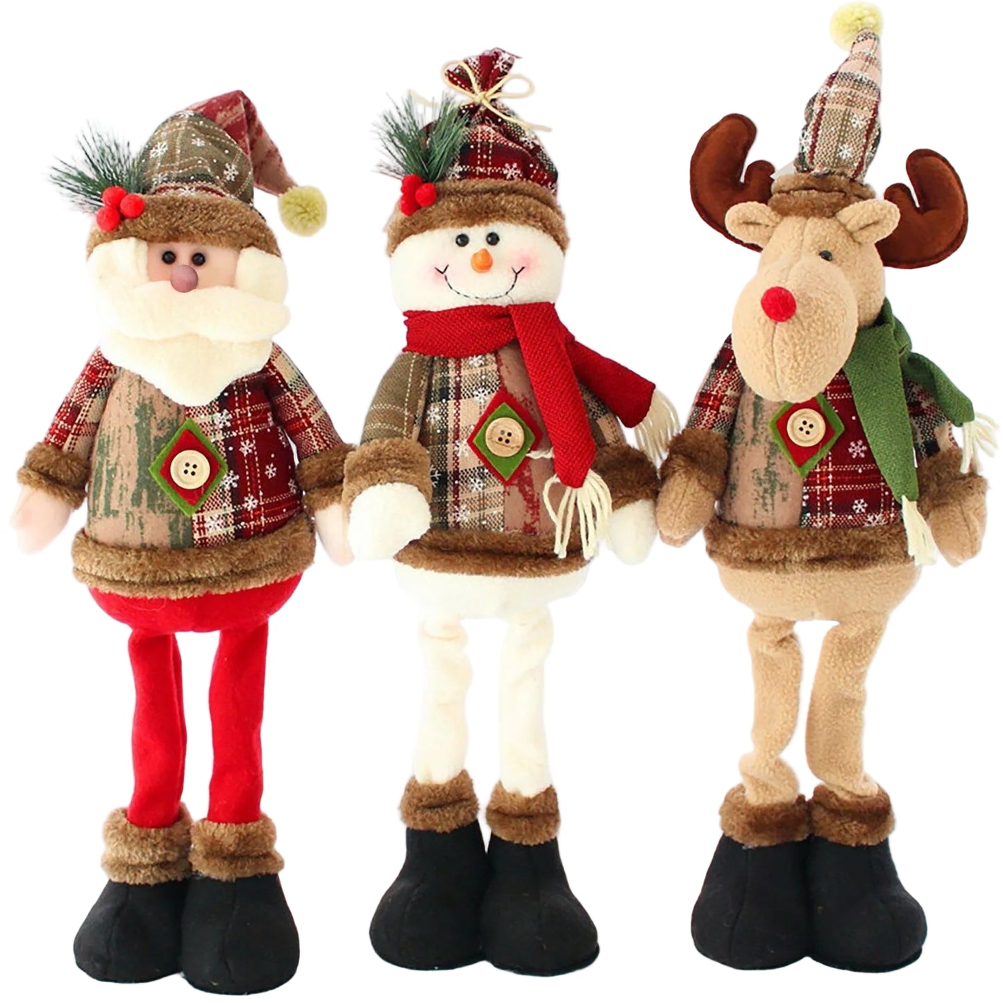 Three Christmas-themed figurines: a snowman, a reindeer, and a Santa Claus, standing together on a white background.
