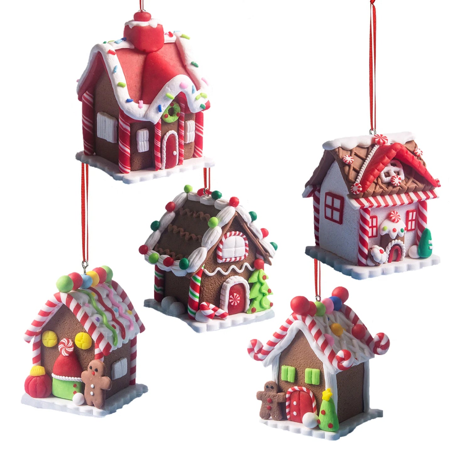 Set of five gingerbread house ornaments on a white background