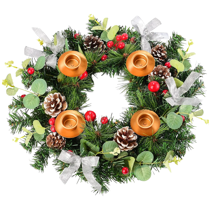 Decorative wreath with candles, pine cones, and berries on a white background