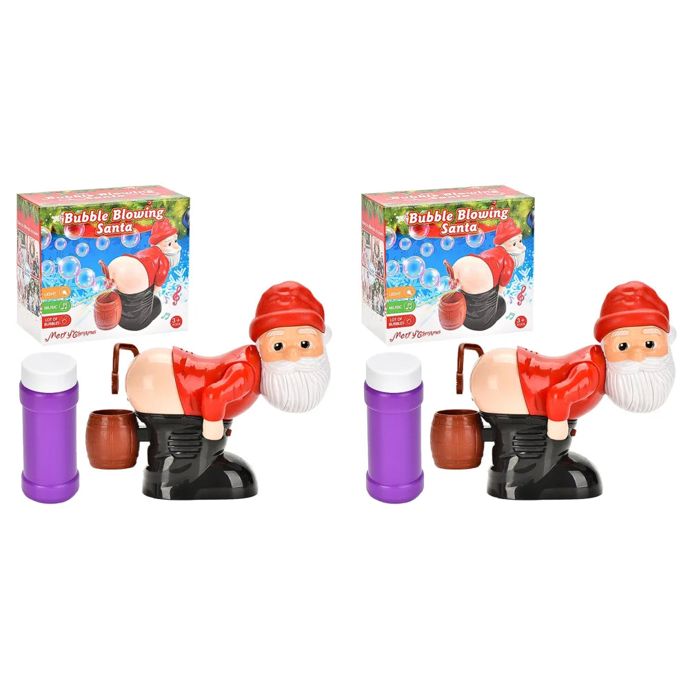 Two bubble blowing gnomes with boxes on a white background
