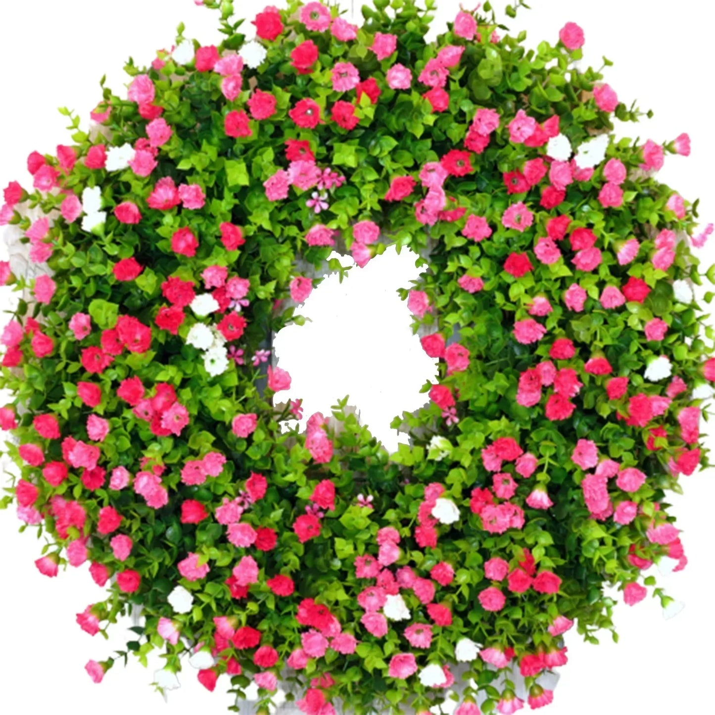 Floral wreath with pink, white, and green flowers on a white background