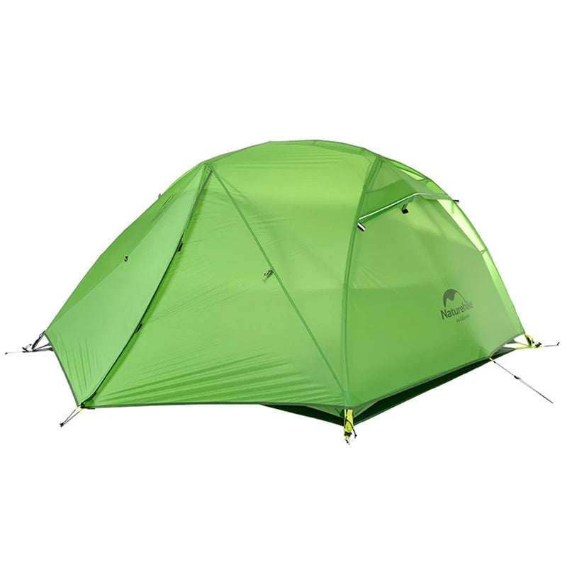Green camping tent with a brand logo on a white background