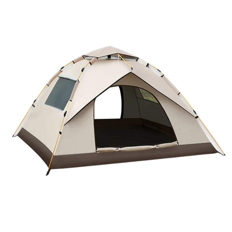 Beige and brown dome tent on a white background