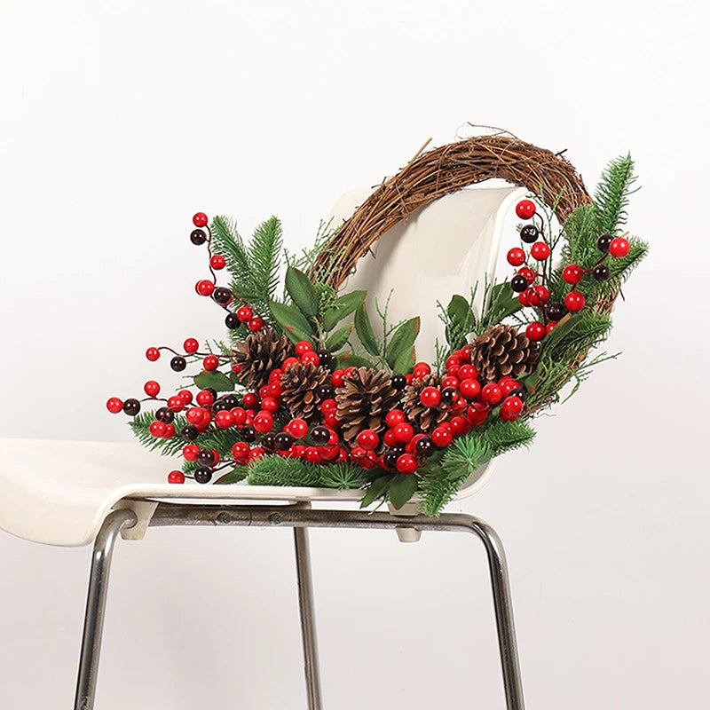 Christmas Wreath Rattan Pine Cones Berries Branches