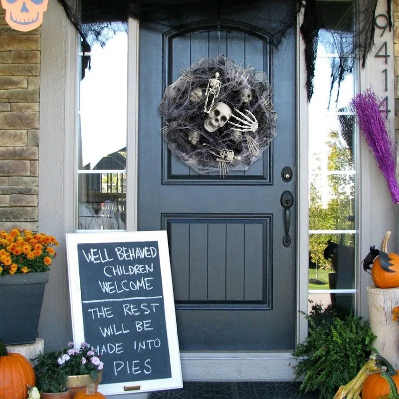 Halloween Wreath Skeleton Spider Web Black