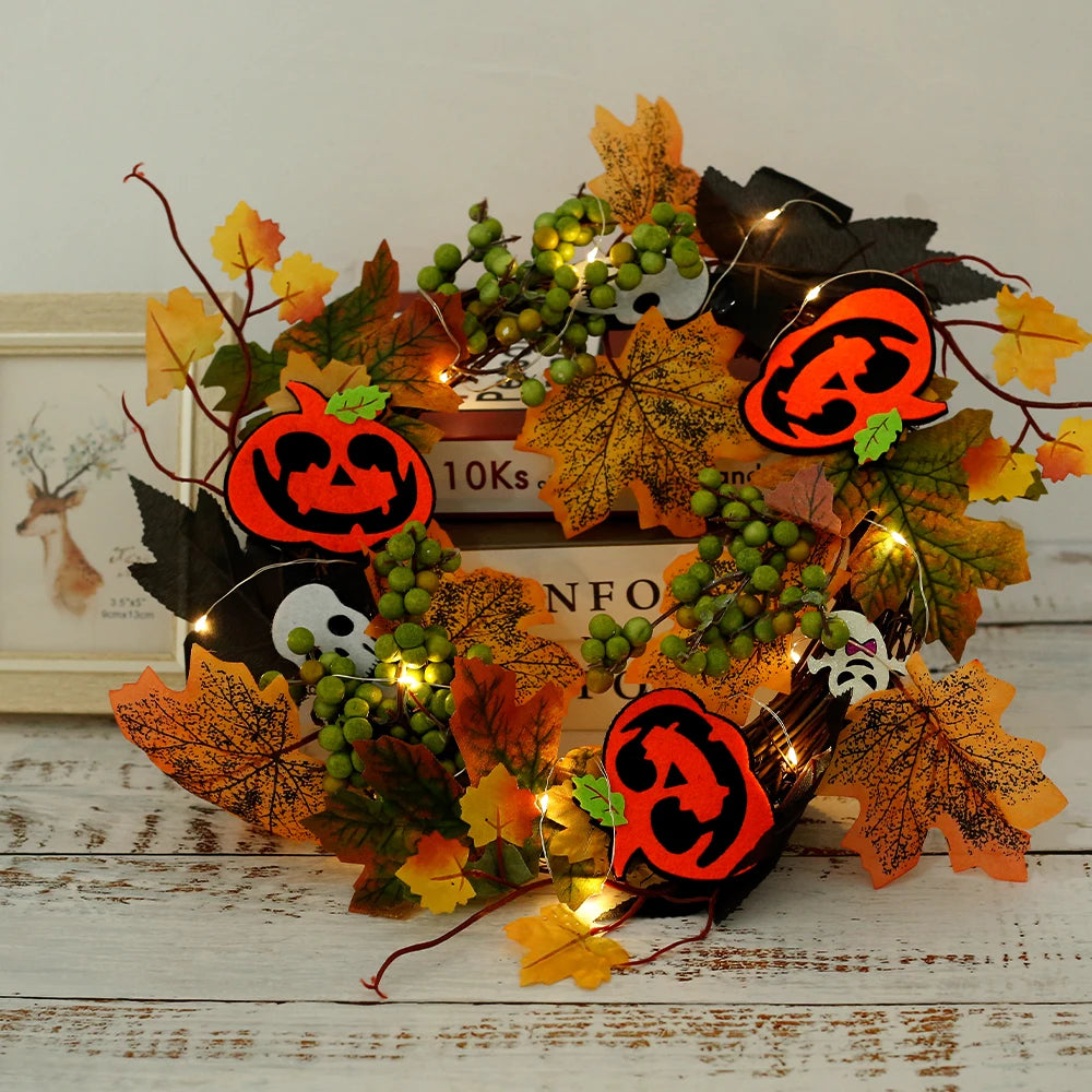 Halloween Autumn Wreath Pumpkin Skull Maple Leaf