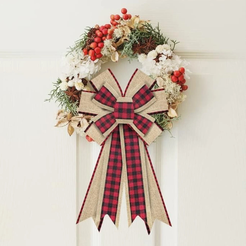 Christmas Wreath with Red & Black Plaid Bow Burlap