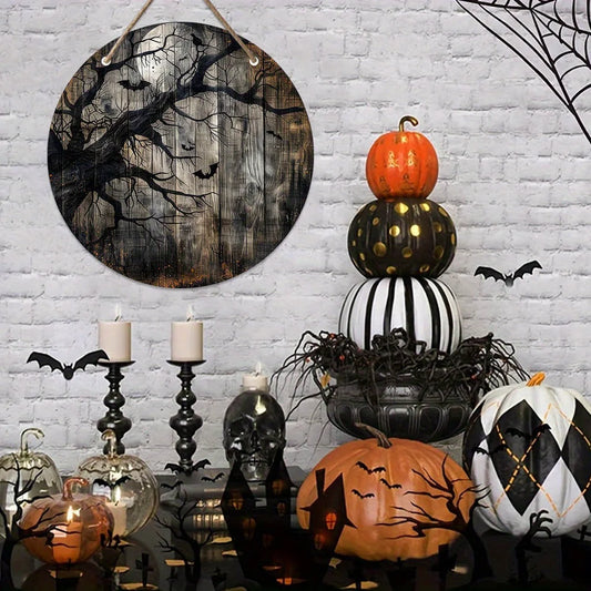 Halloween Wooden Hanging Sign - Full Moon Bat