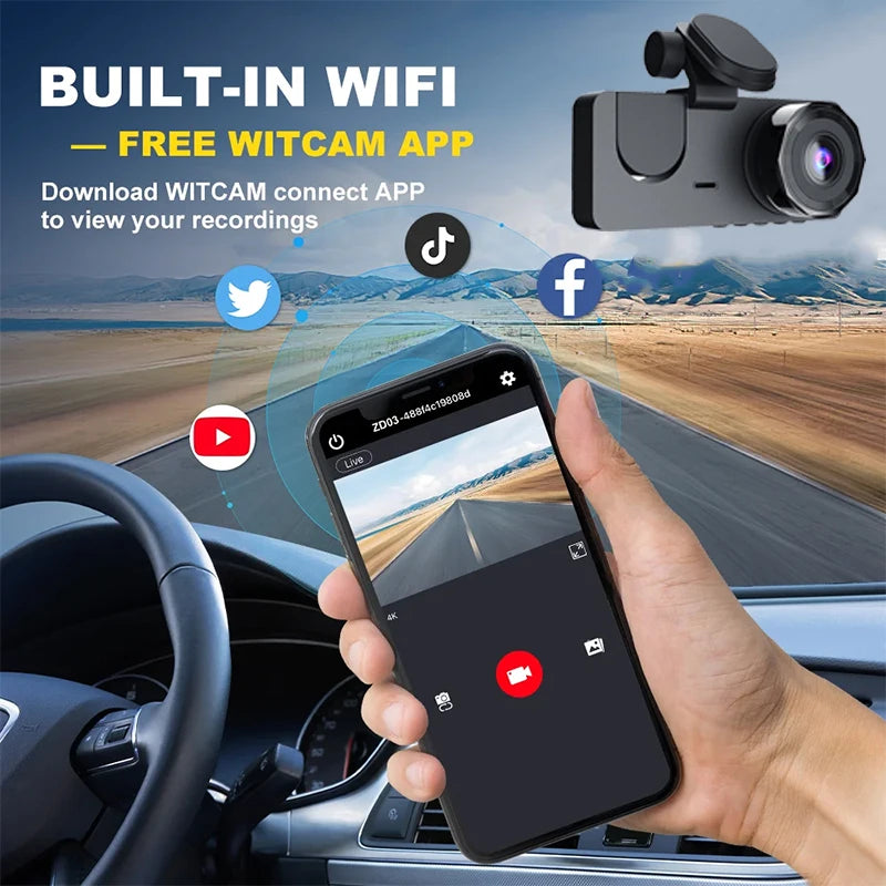 Dashcam Car WiFi Triple Lens 1080P HD Night Vision