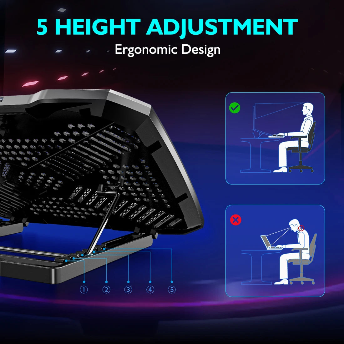 Laptop Cooling Pad Adjustable Stand with 5 Fans