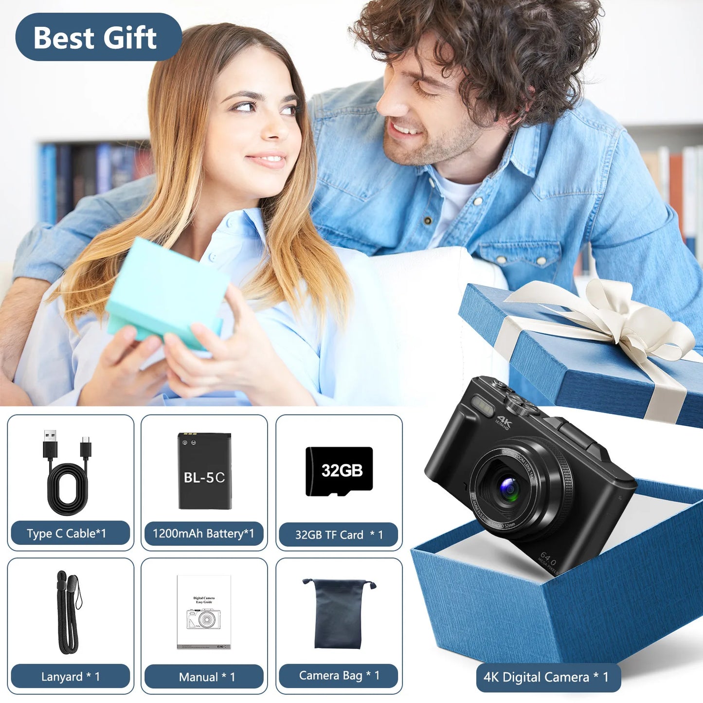 Digital Camera 64MP 4K Vlog Flip Screen WiFi Zoom