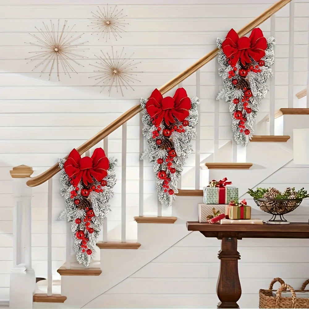 Christmas Wreath Red Bow Ball Flocking Decoration