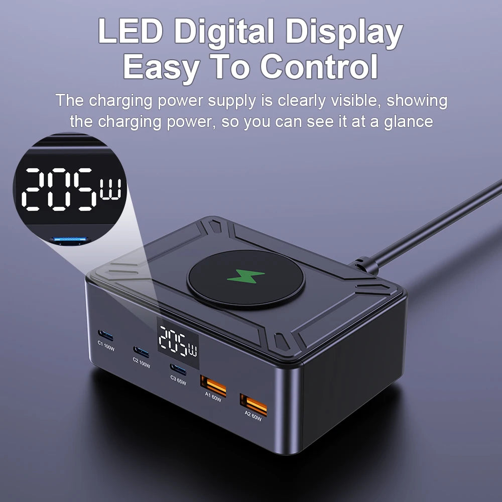 Charger GaN 205W Fast USB C Desktop Digital Display