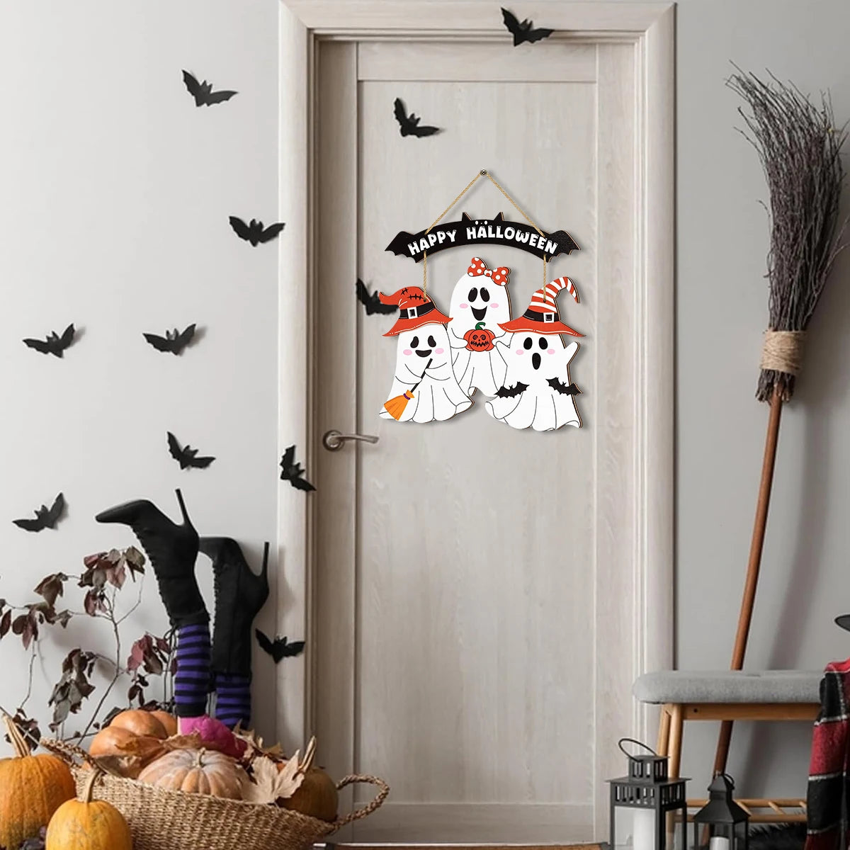 Halloween Hanging Wooden Sign Ghost Decoration
