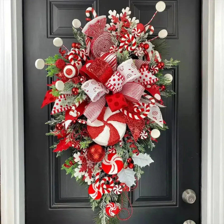 Christmas Wreath with Red Bow Candy Cane