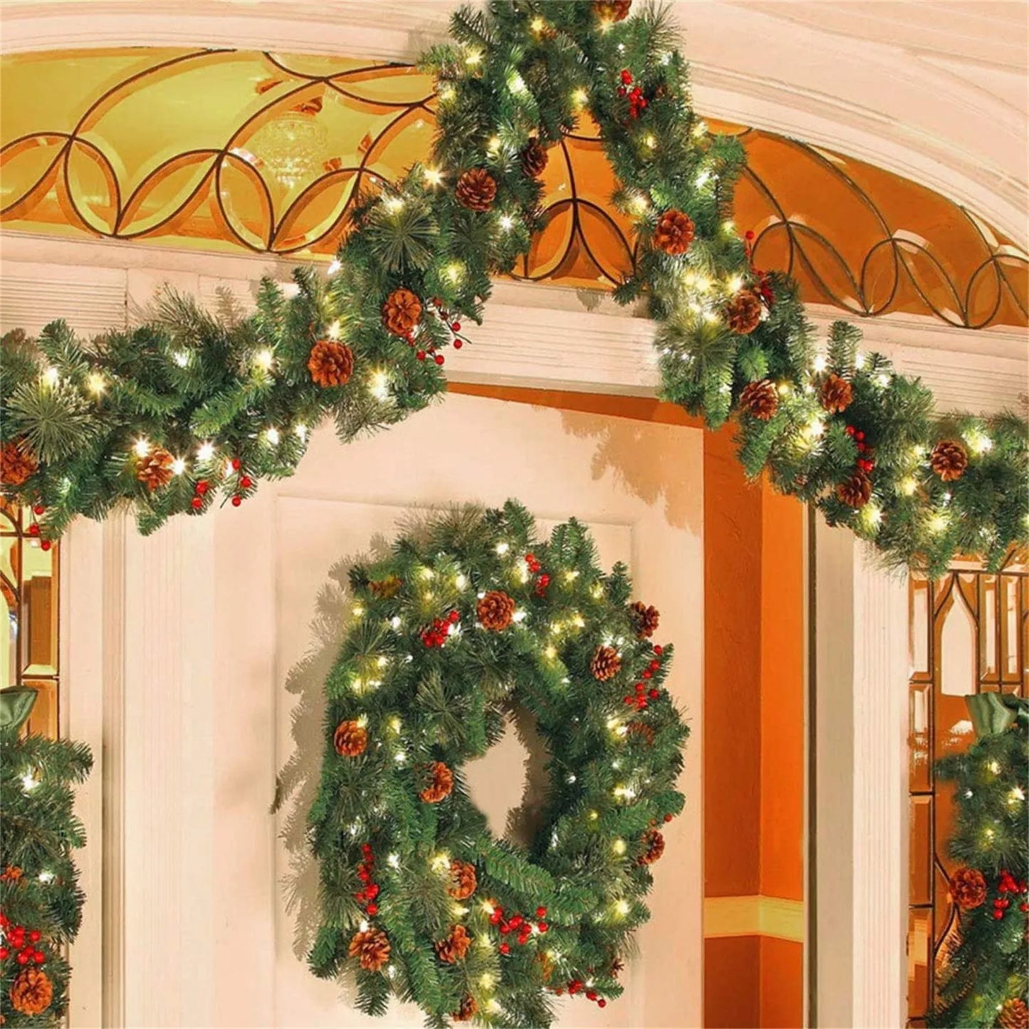Christmas Garland Rattan with Red Lights