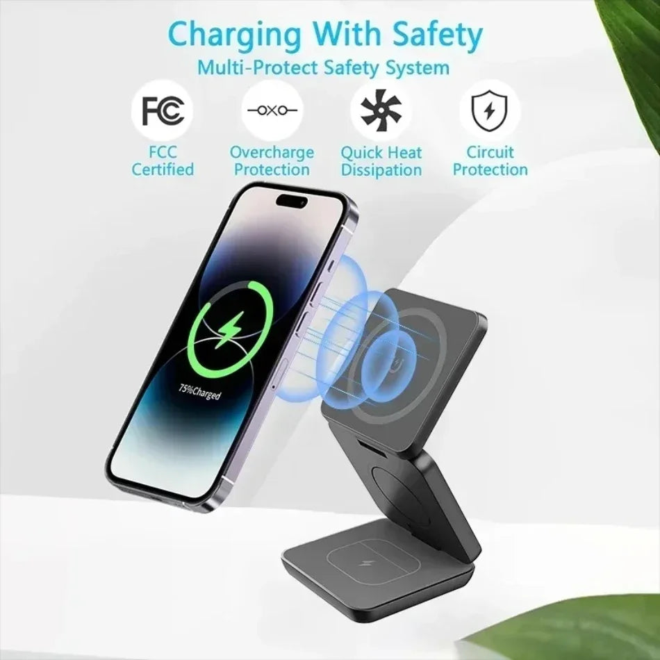 Magnetic Foldable 3 in 1 Wireless Charger Stand for iPhone and Apple Watch