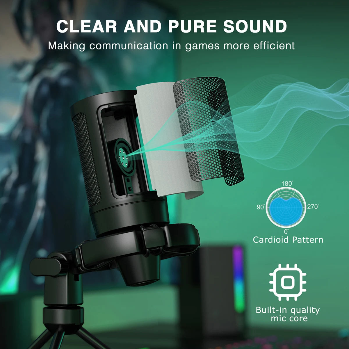 Gaming Microphone RGB USB Condenser with Tripod Stand