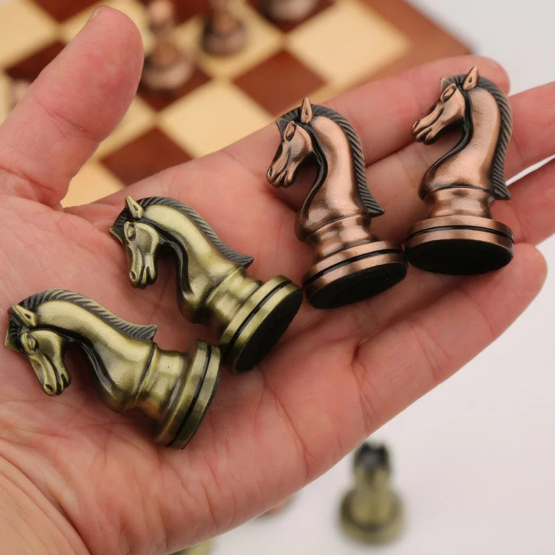 Chess Set Wooden Foldable Bronze Alloy