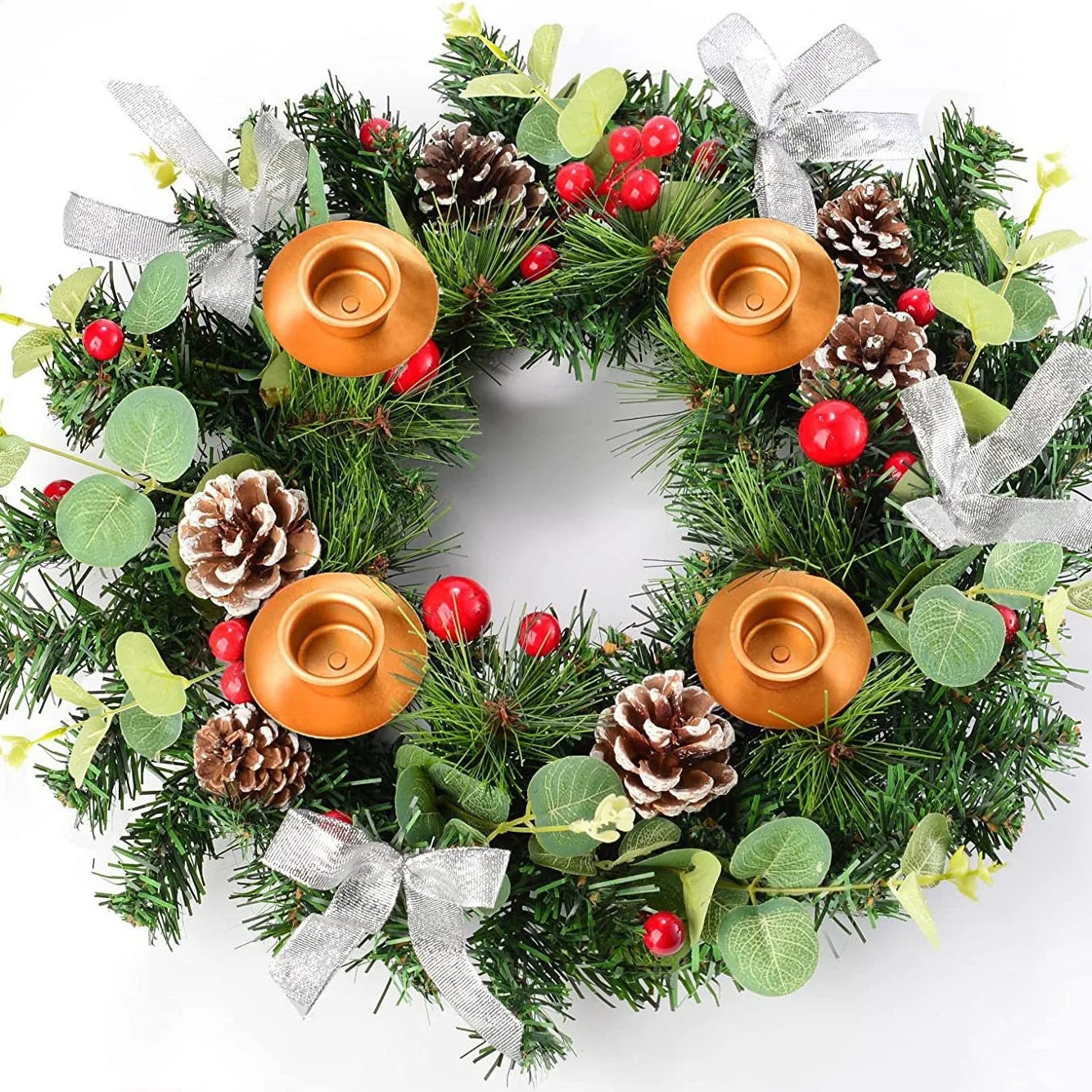 Christmas Ribbon Wreath with Rattan Candle Holder