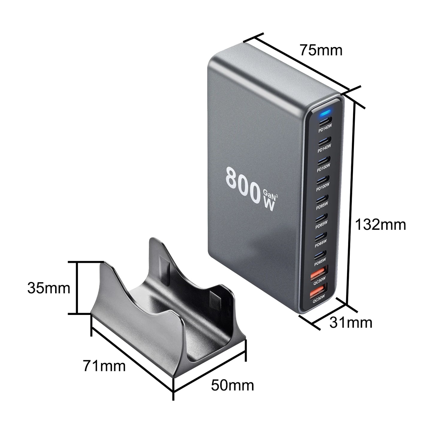 800W 10-Port USB-C GaN Fast Desktop Charger