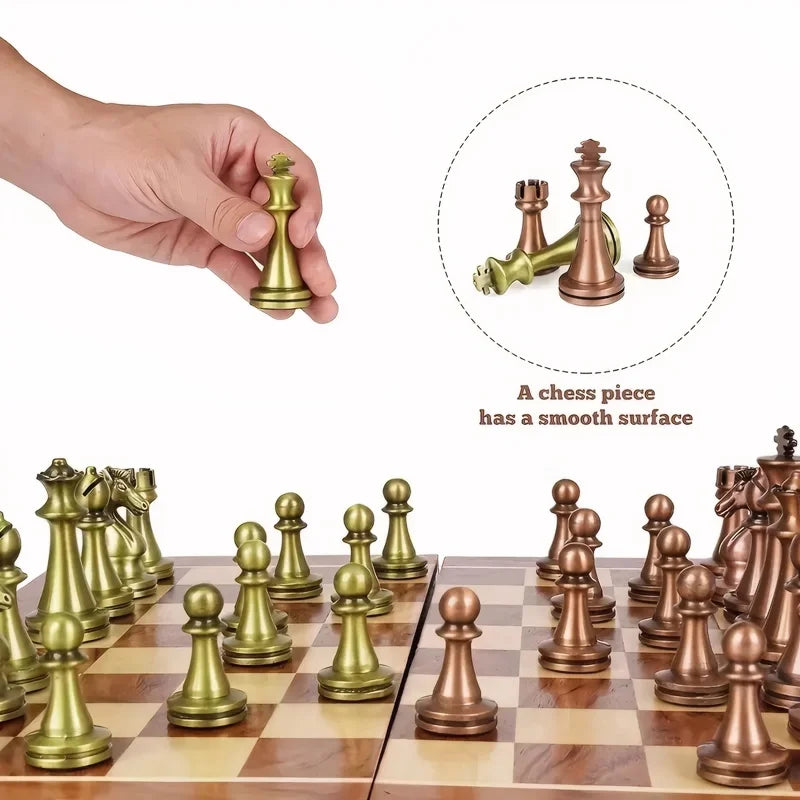 Chess Set Wooden Foldable Bronze Alloy