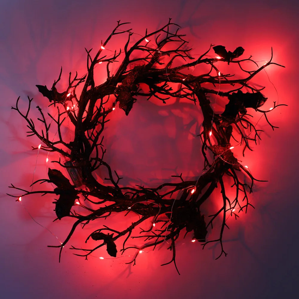 Halloween Wreath Bat Black Branch With Red LED