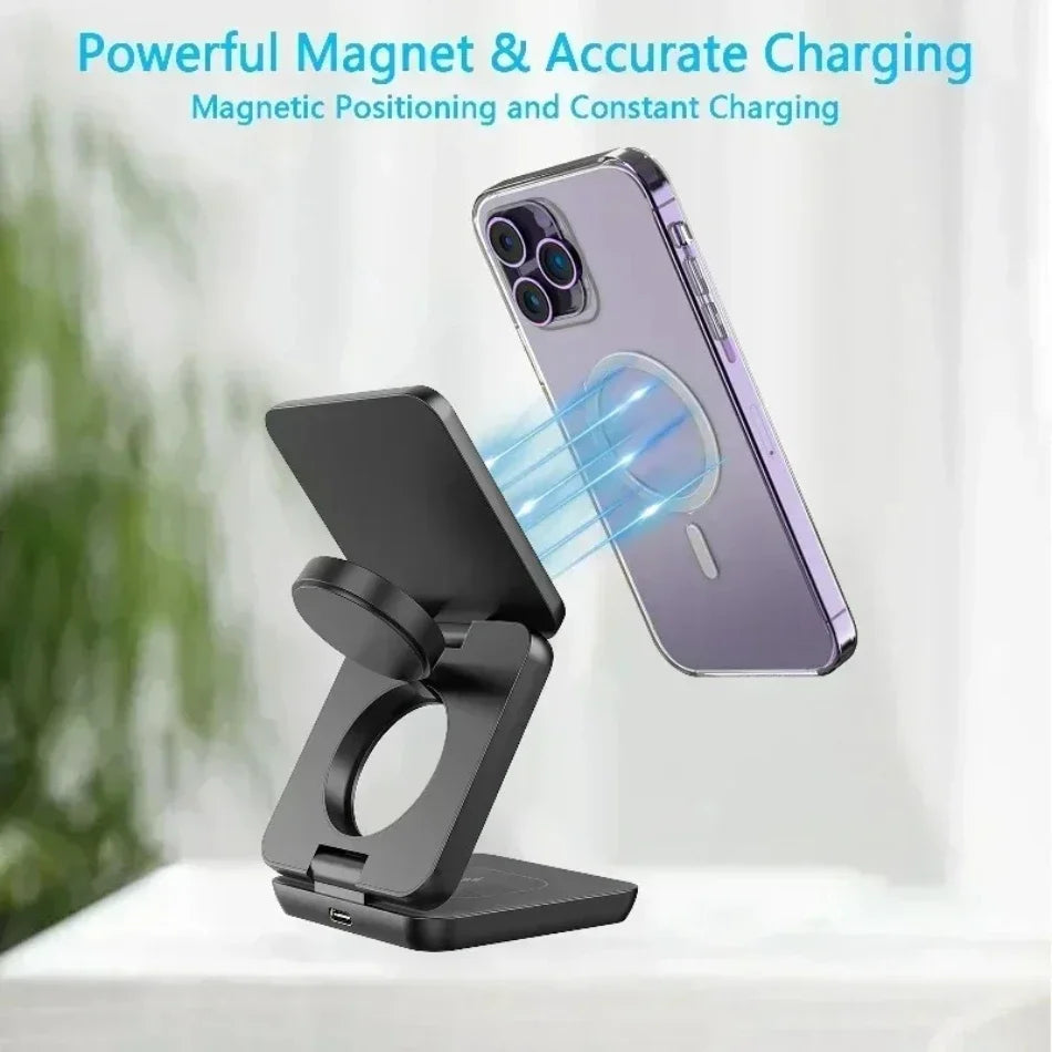Magnetic Foldable 3 in 1 Wireless Charger Stand for iPhone and Apple Watch