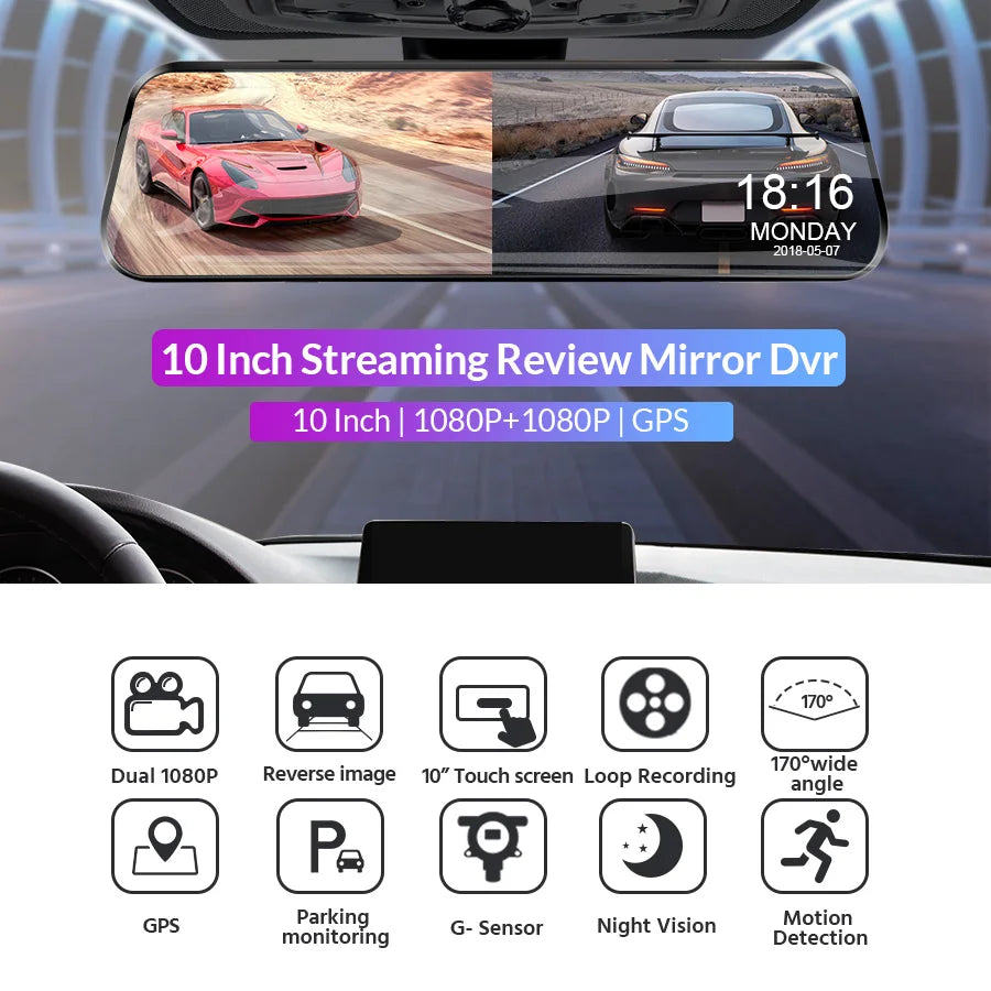 Car DVR Rearview Mirror Dual Camera Touch Screen