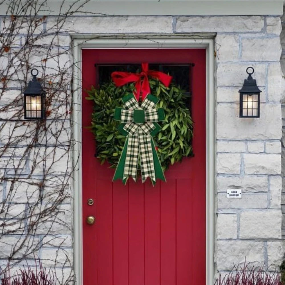 Christmas Wreath with Velvet Green Plaid Bow Ribbon