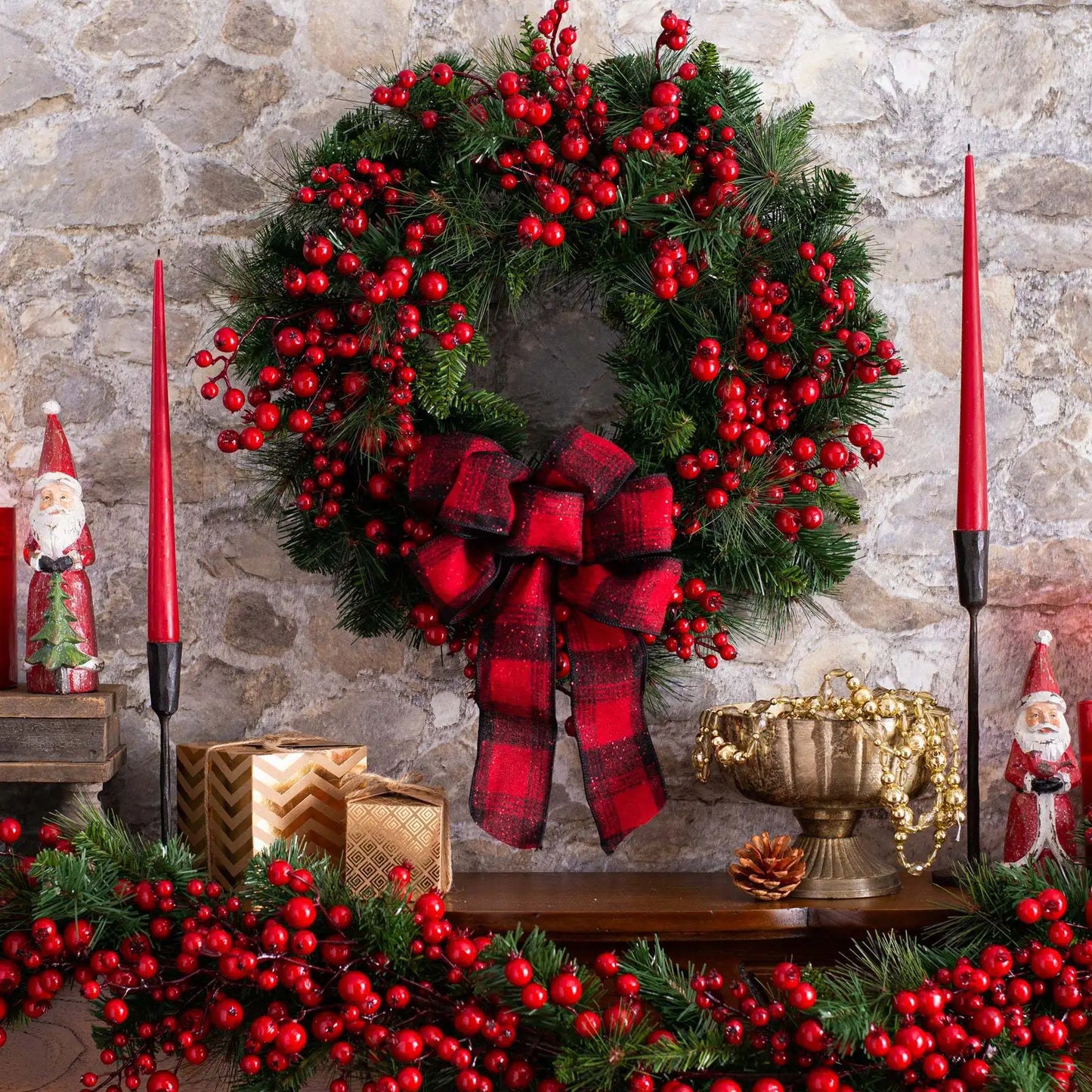 Christmas Wreath with Red Berry & Bow for Door Hanging