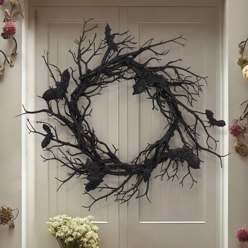 Halloween Wreath Bat Black Branch With Red LED