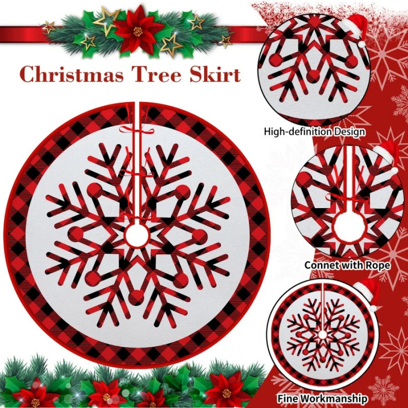 Christmas Tree Skirt Plaid with Red Black White Snowflake