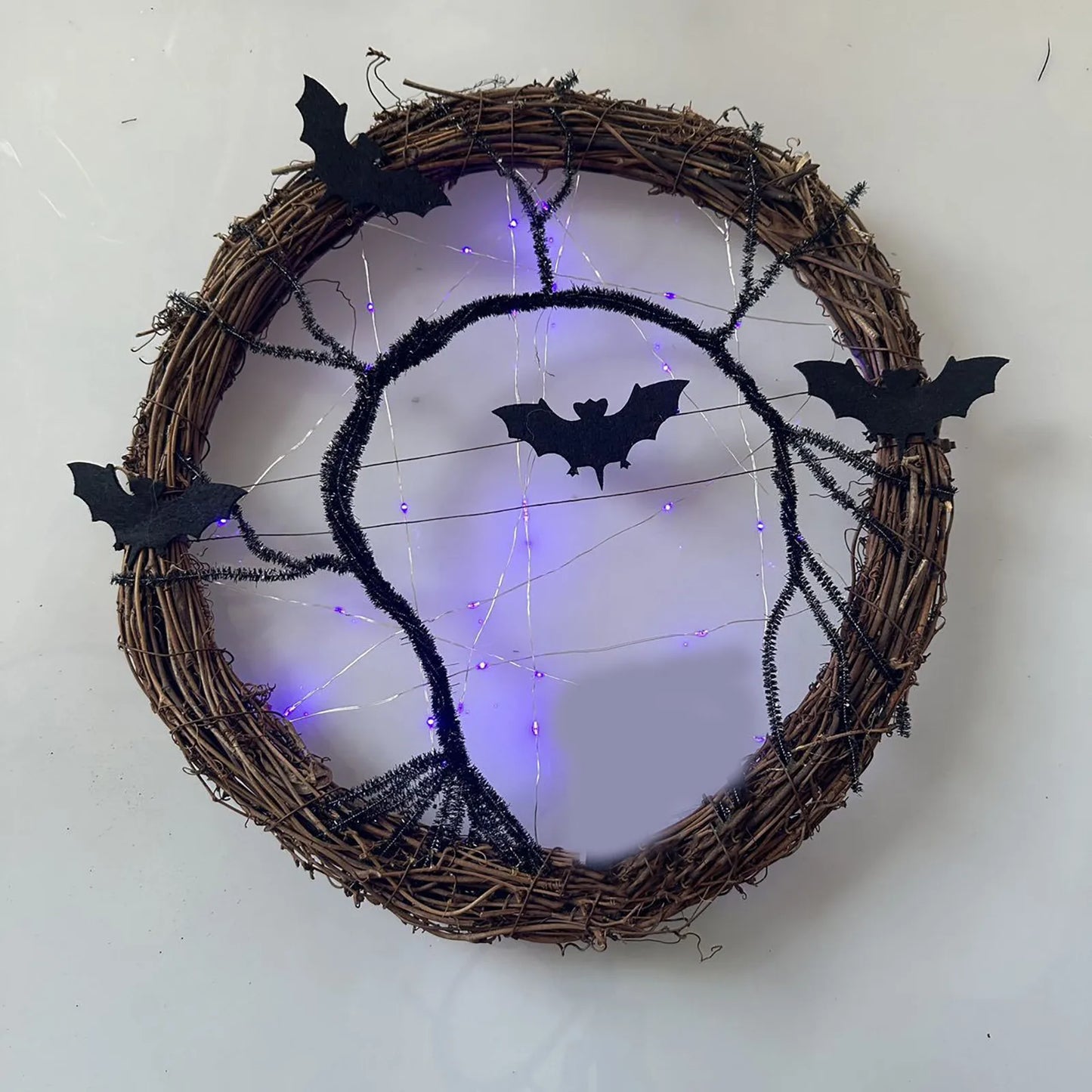 Halloween Wreath Black Bat Branch Light Up