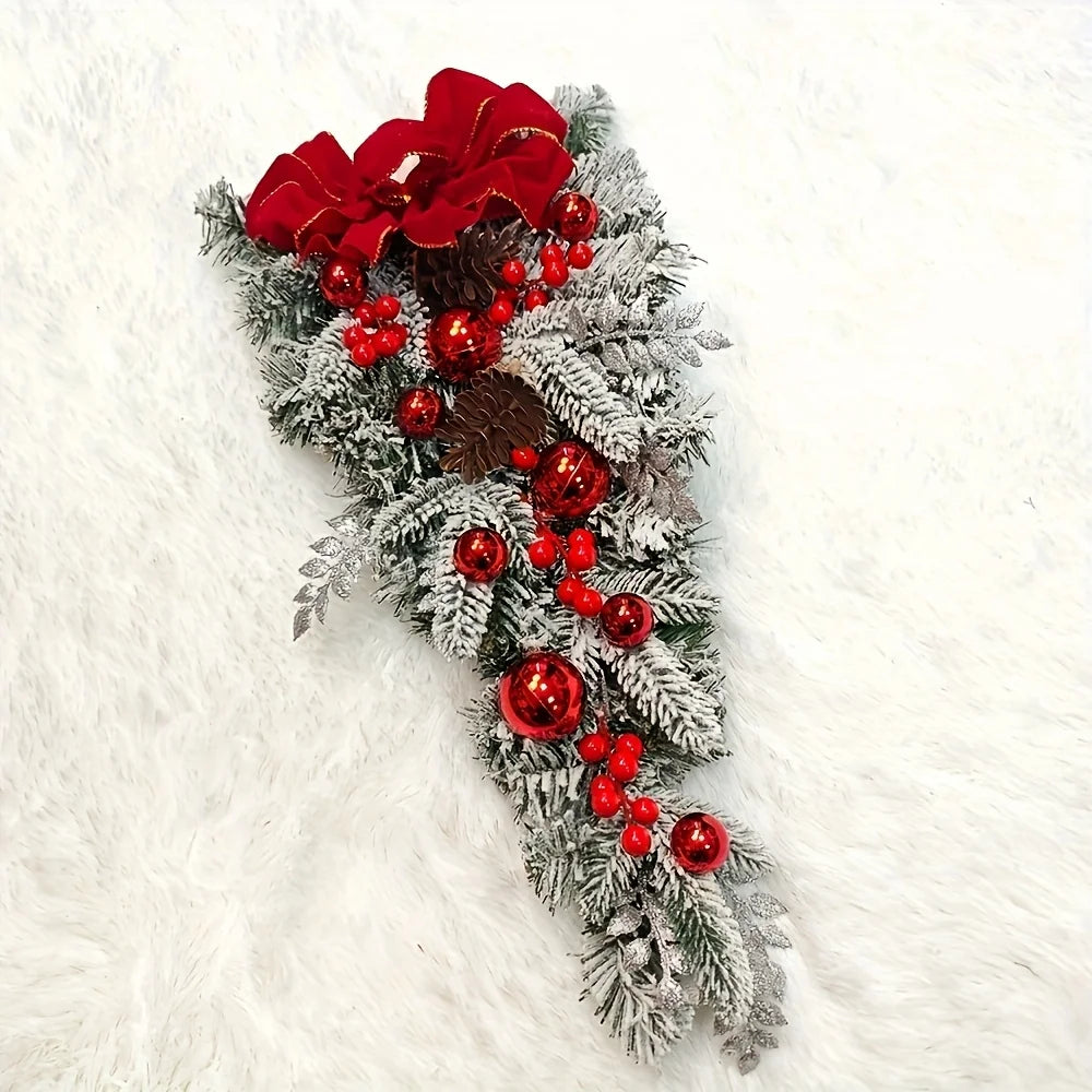 Christmas Wreath Red Bow Ball Flocking Decoration