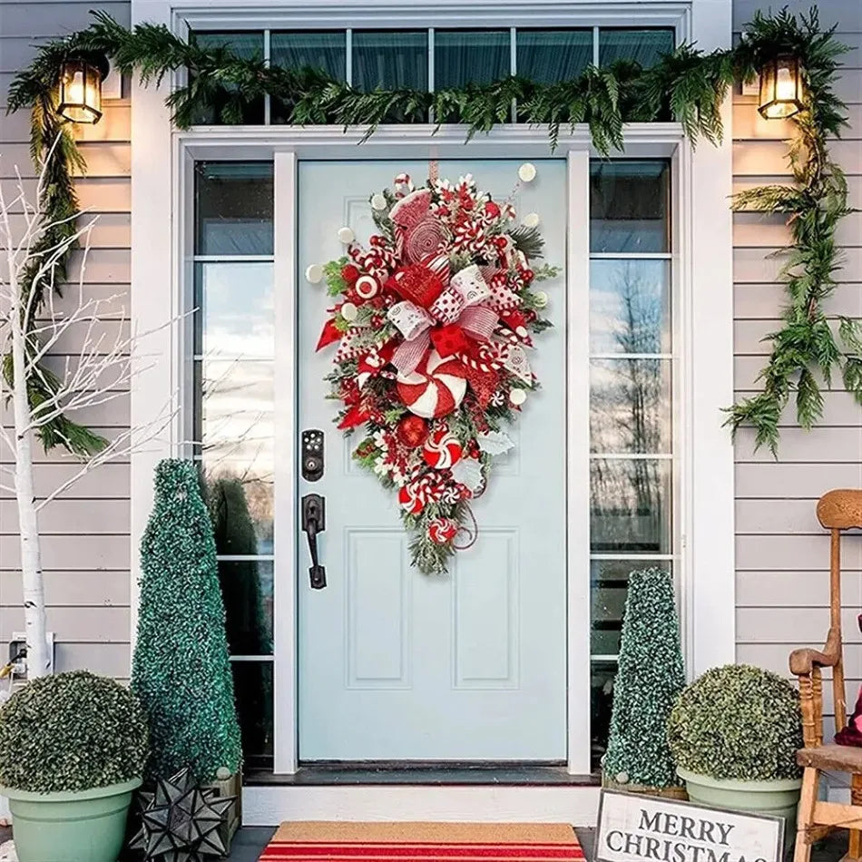 Christmas Wreath with Red Bow Candy Cane