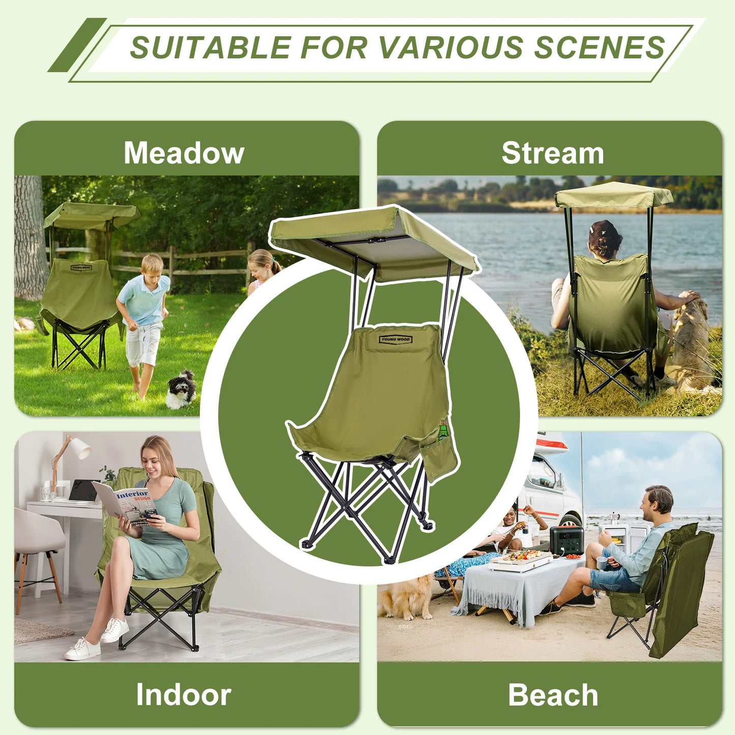 Camping Chair Portable Foldable with Shade Canopy (2 pcs)