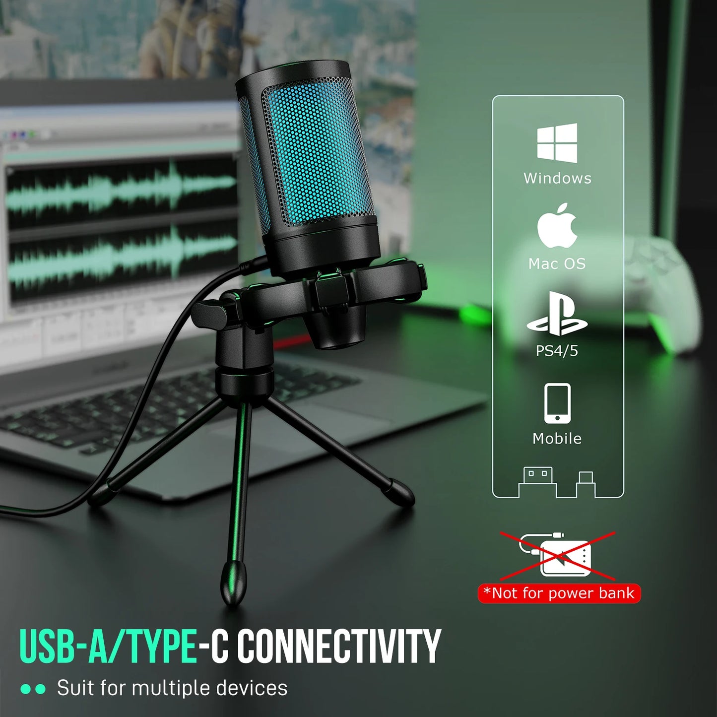 Gaming Microphone RGB USB Condenser with Tripod Stand