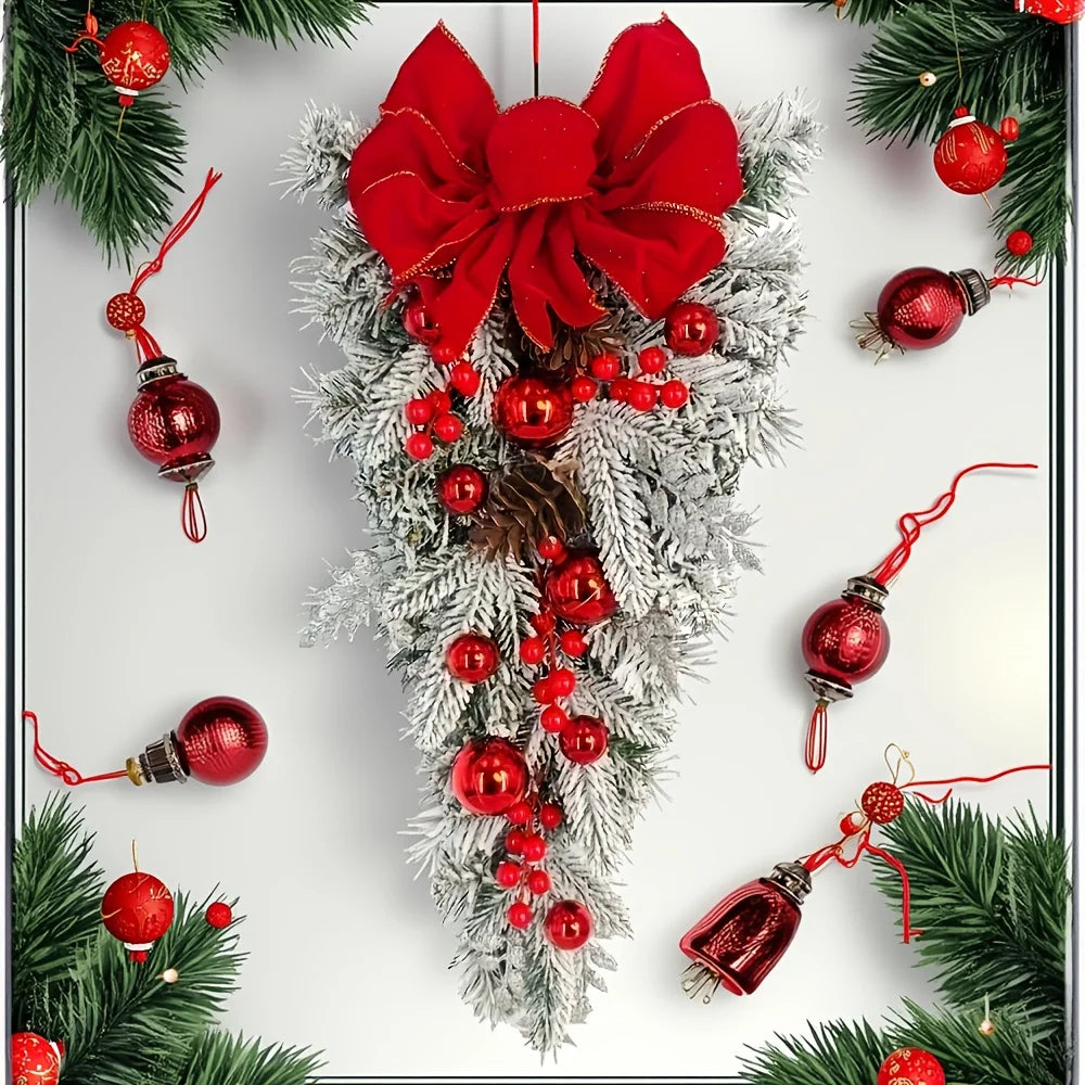 Christmas Wreath Red Bow Ball Flocking Decoration