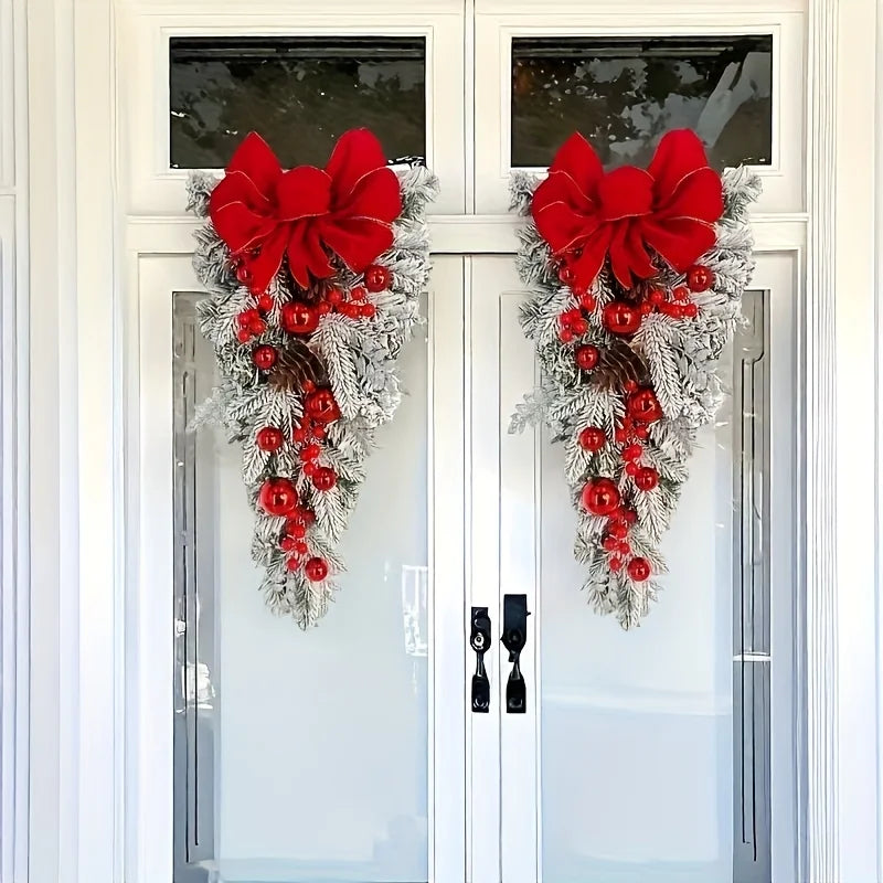 Christmas Wreath Red Bow Ball Flocking Decoration
