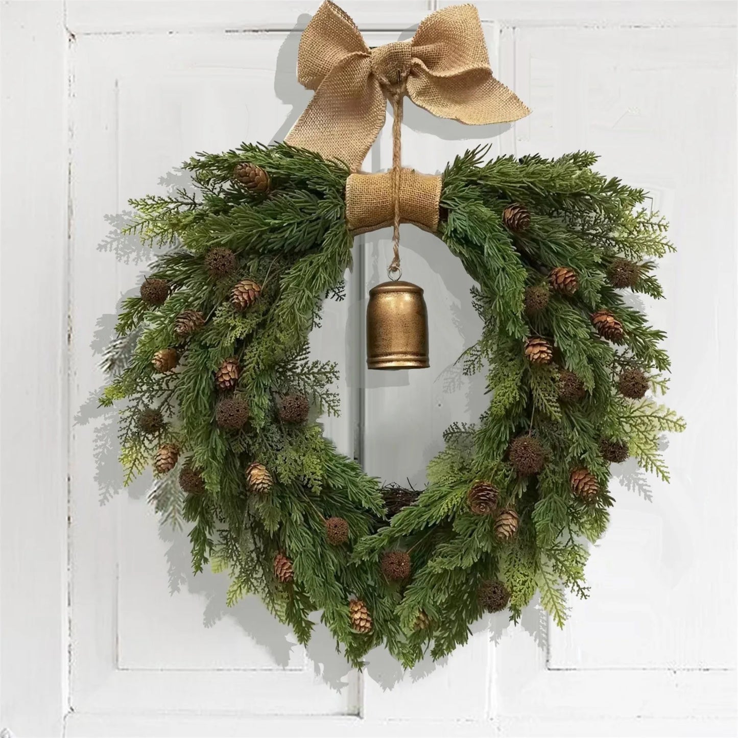 Christmas Wreath with Bell and Linen Bow Door Decor