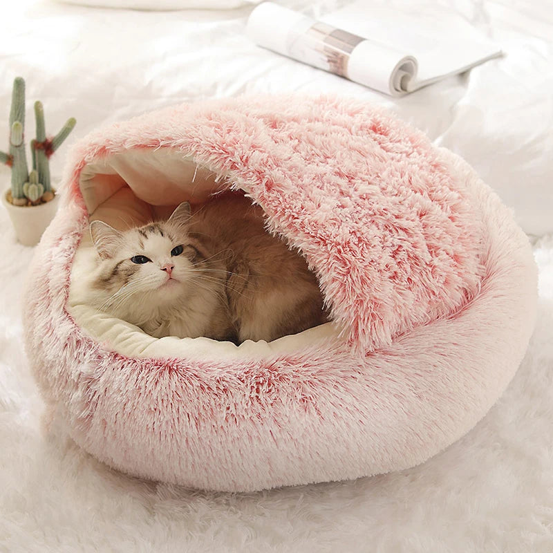 Round Plush Cat Bed with Cover for Small Pets
