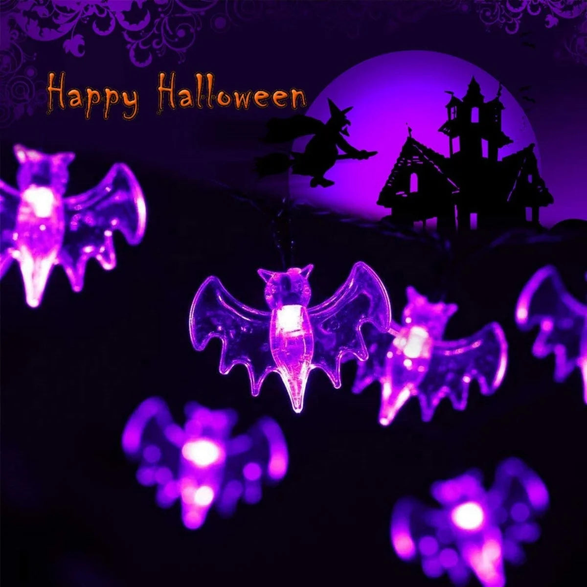 Halloween String Lights Purple Bat for Decoration