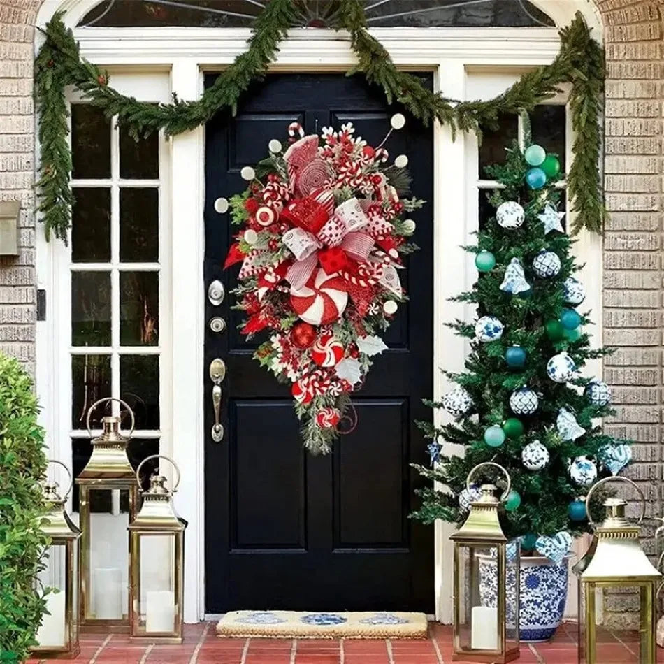 Christmas Wreath with Red Bow Candy Cane