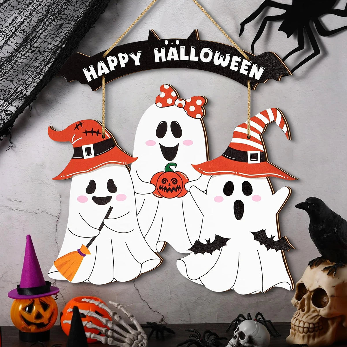 Halloween Hanging Wooden Sign Ghost Decoration