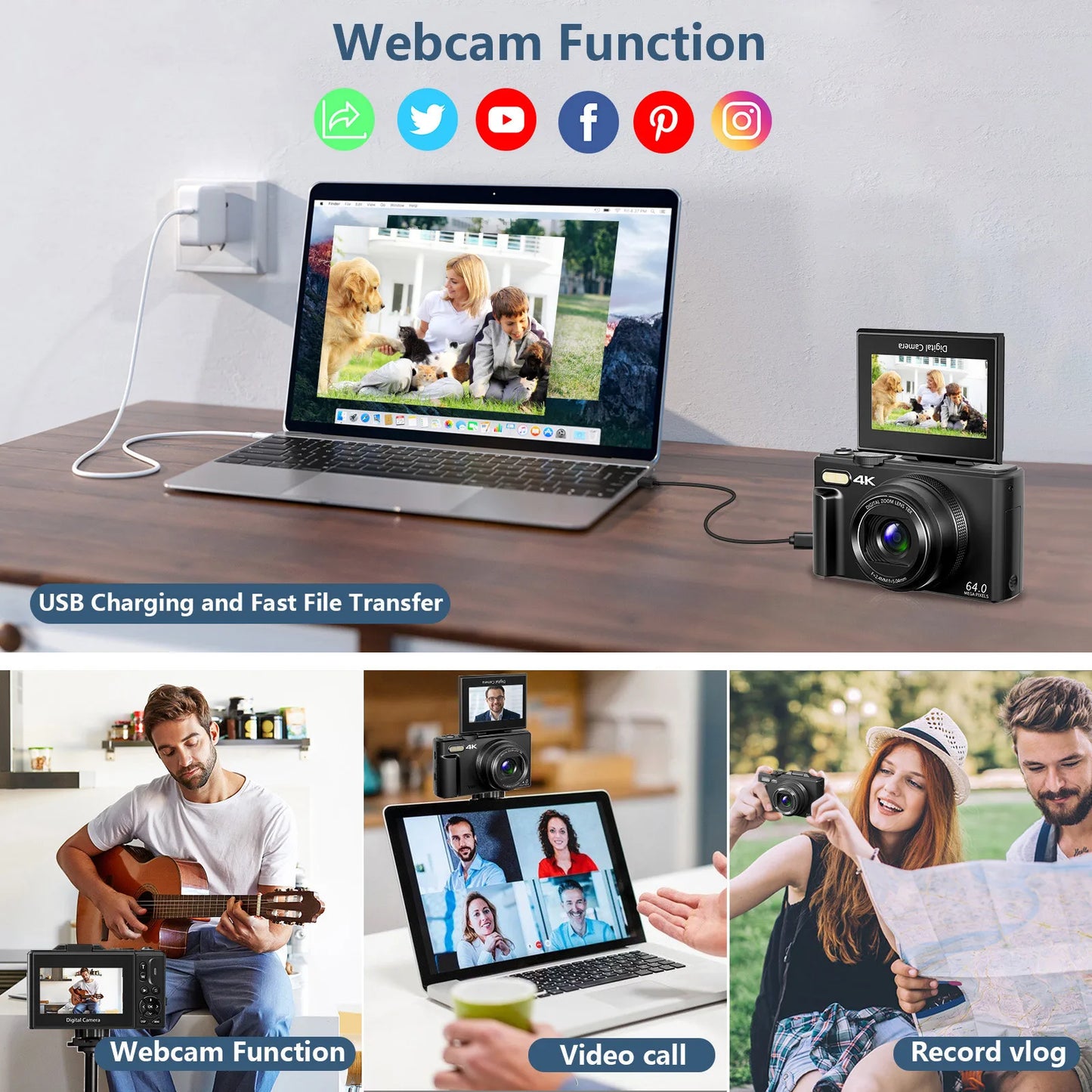 Digital Camera 64MP 4K Vlog Flip Screen WiFi Zoom