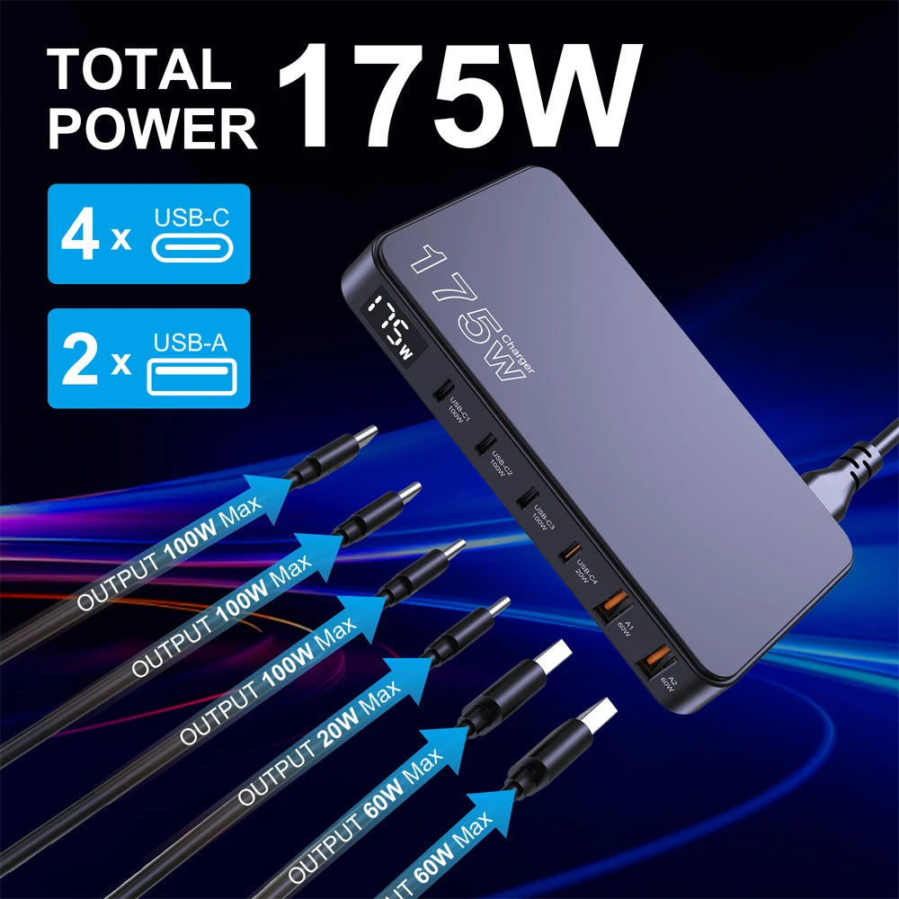 USB Charger GaN 175W 6-Port Fast Charging