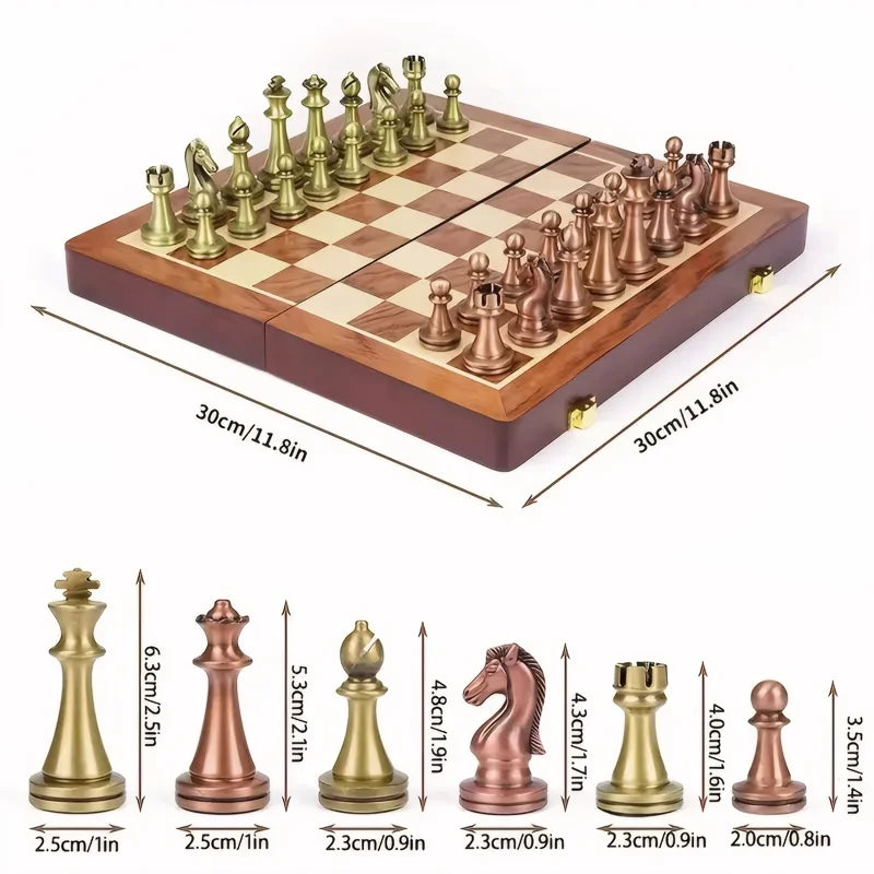 Chess Set Wooden Foldable Bronze Alloy
