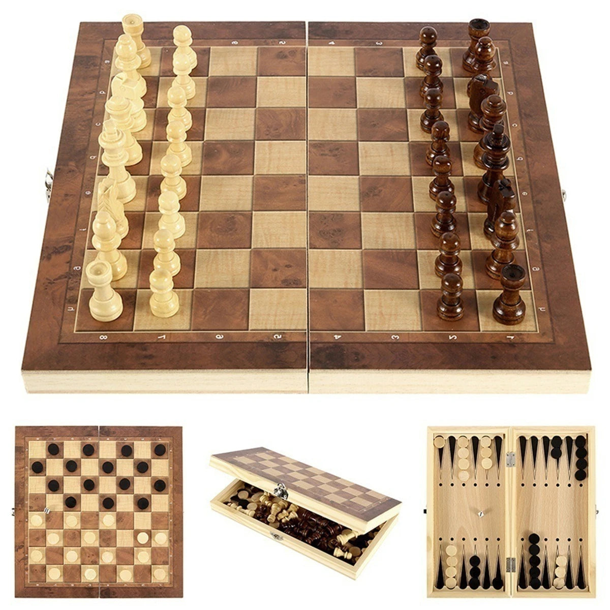 Wooden Chess Checkers Backgammon Set Portable Folding