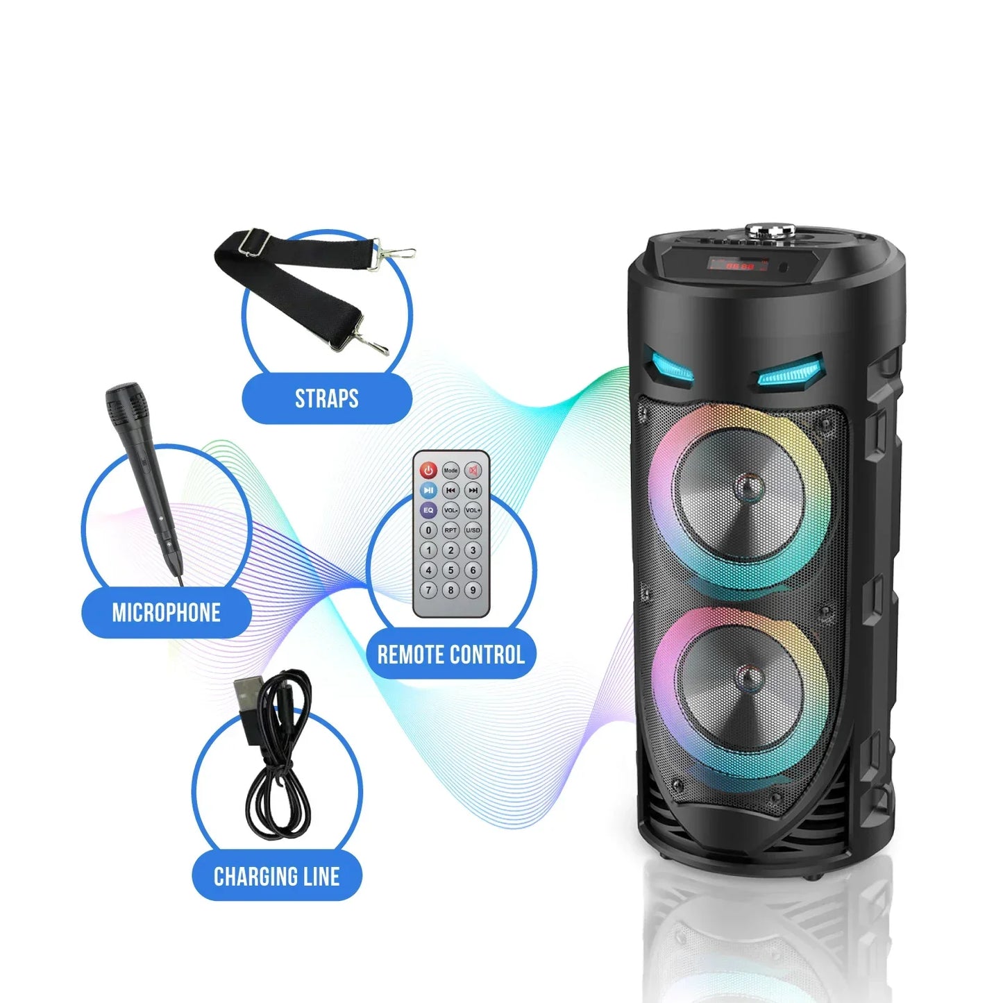 Portable Wireless Bluetooth Subwoofer Speaker Soundbar with LED lights & Karaoke